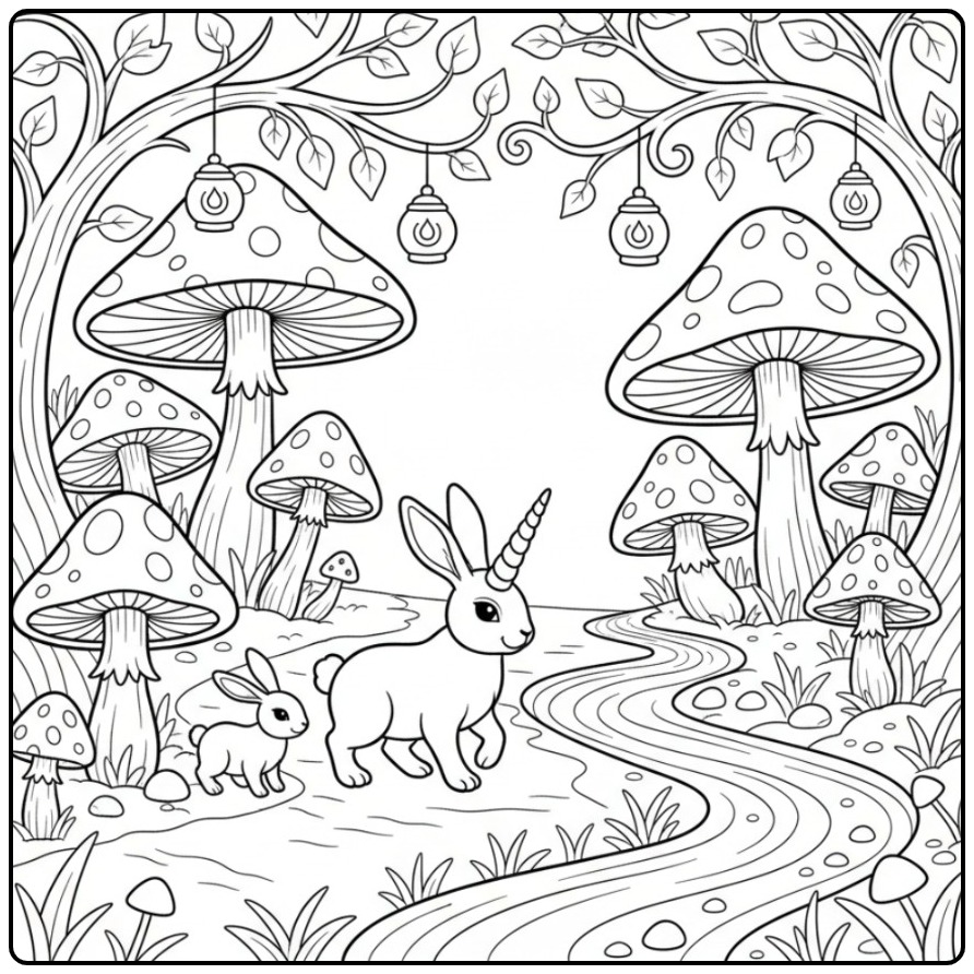 Un joli coloriage lapin licorne dans une forêt enchantée.
