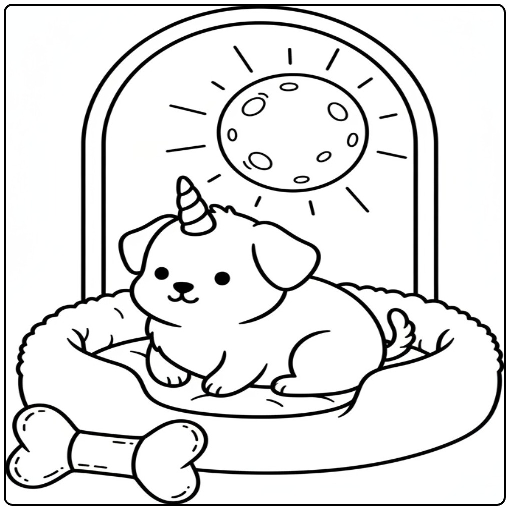 Adorable coloriage chien licorne assis dans son panier douillet.