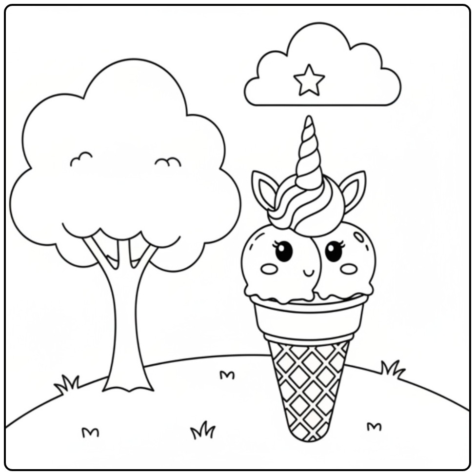 Un joli coloriage glace licorne dans un paysage de campagne.