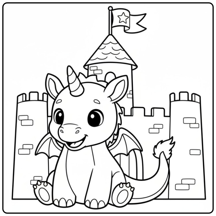 Un mignon bébé pour un coloriage dragon licorne devant son château.