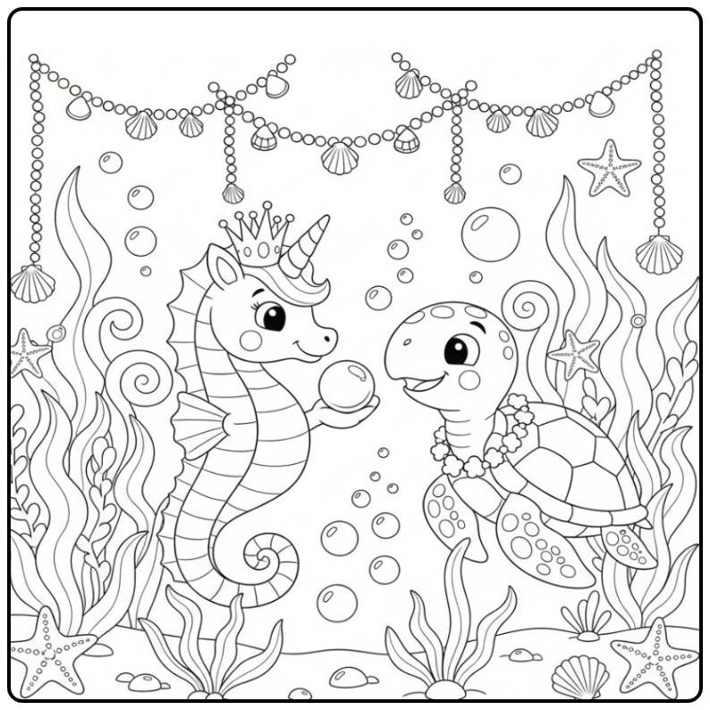 Coloriage hippocampe licorne mignon et sa tortue amie.