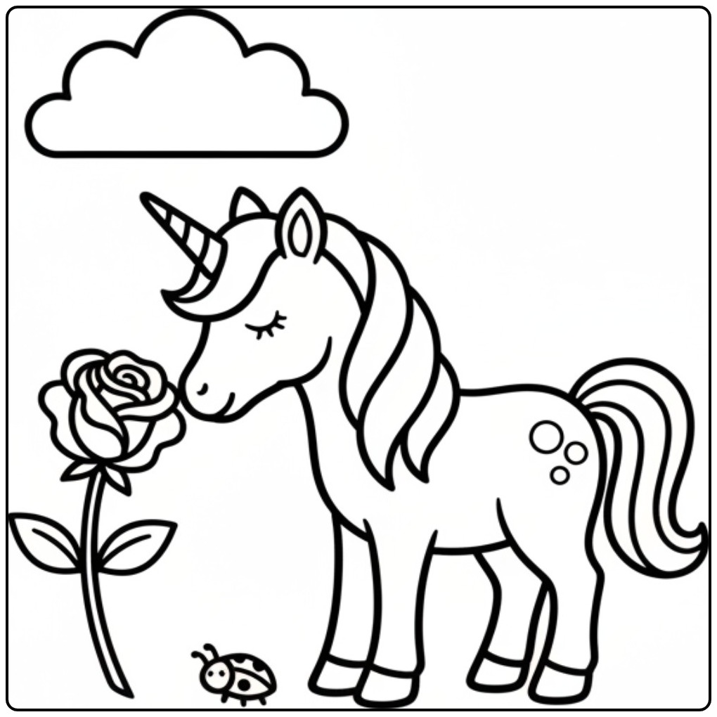 Simple coloriage licorne fleur et coccinelle sous un nuage.