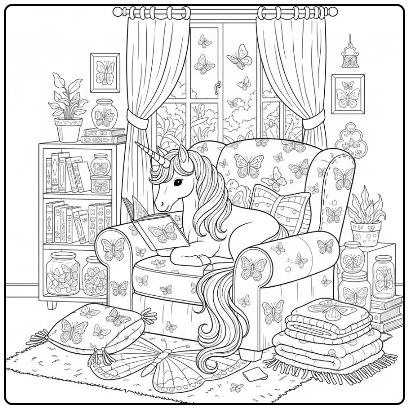 Scène intérieure d'un coloriage licorne papillon lisant.