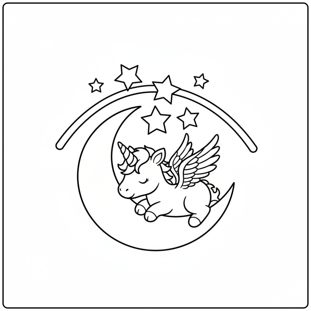 Adorable pégase dormant sur la lune, coloriage dragon licorne.