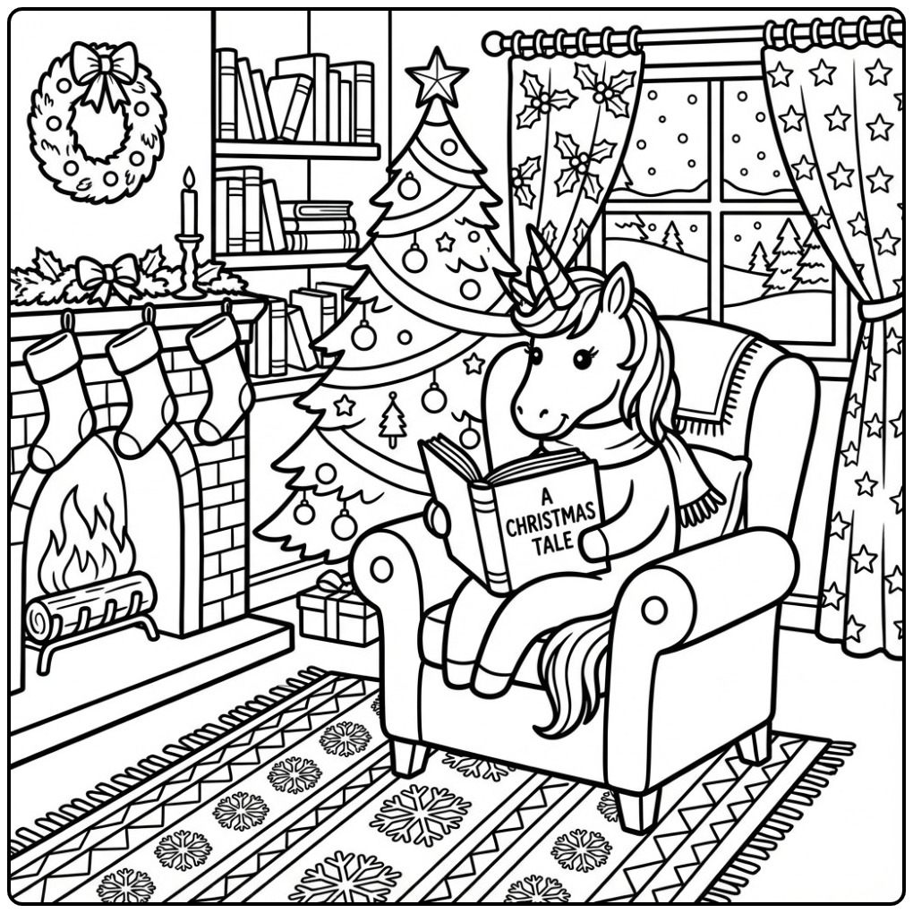 Un joli coloriage licorne noel lisant un livre au coin du feu.