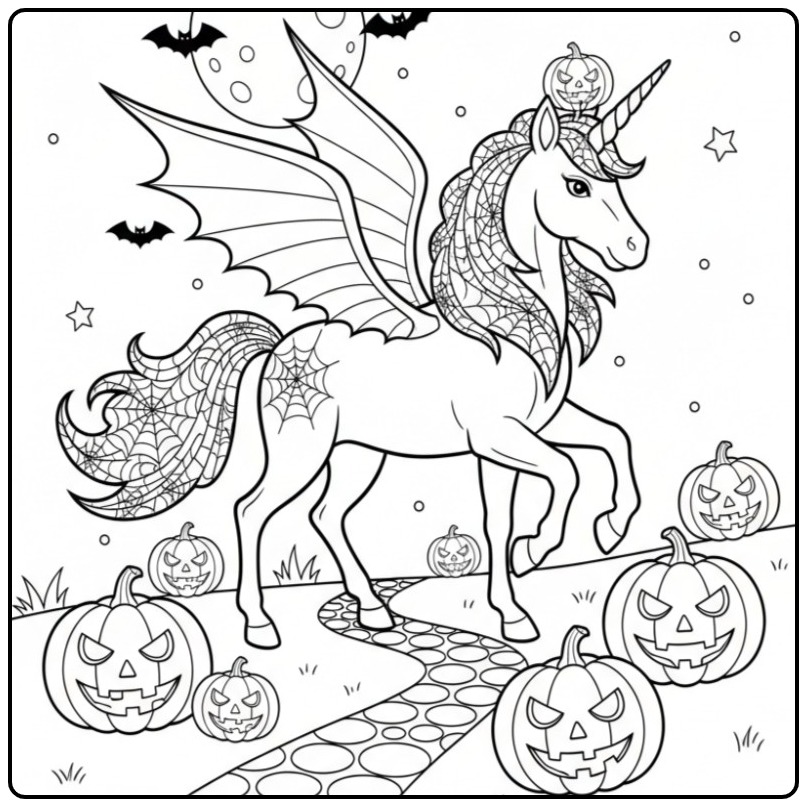 Créature ailée et citrouilles pour coloriage licorne halloween.
