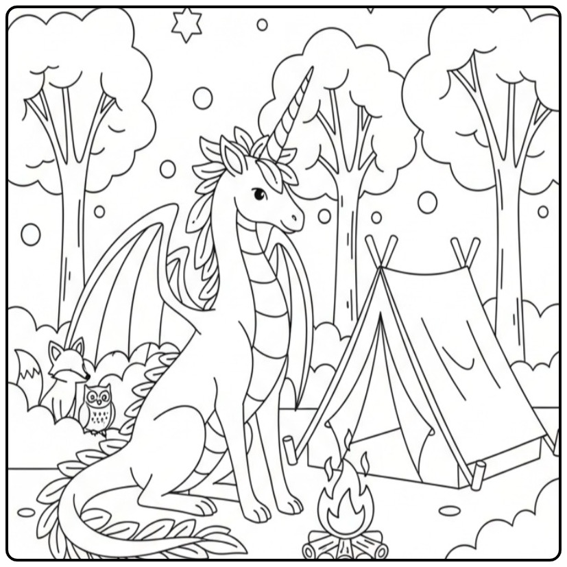 Un adorable coloriage dragon licorne près d'une tente en forêt.