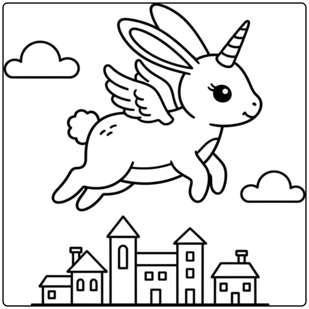 Un mignon coloriage lapin licorne ailé qui vole dans le ciel.