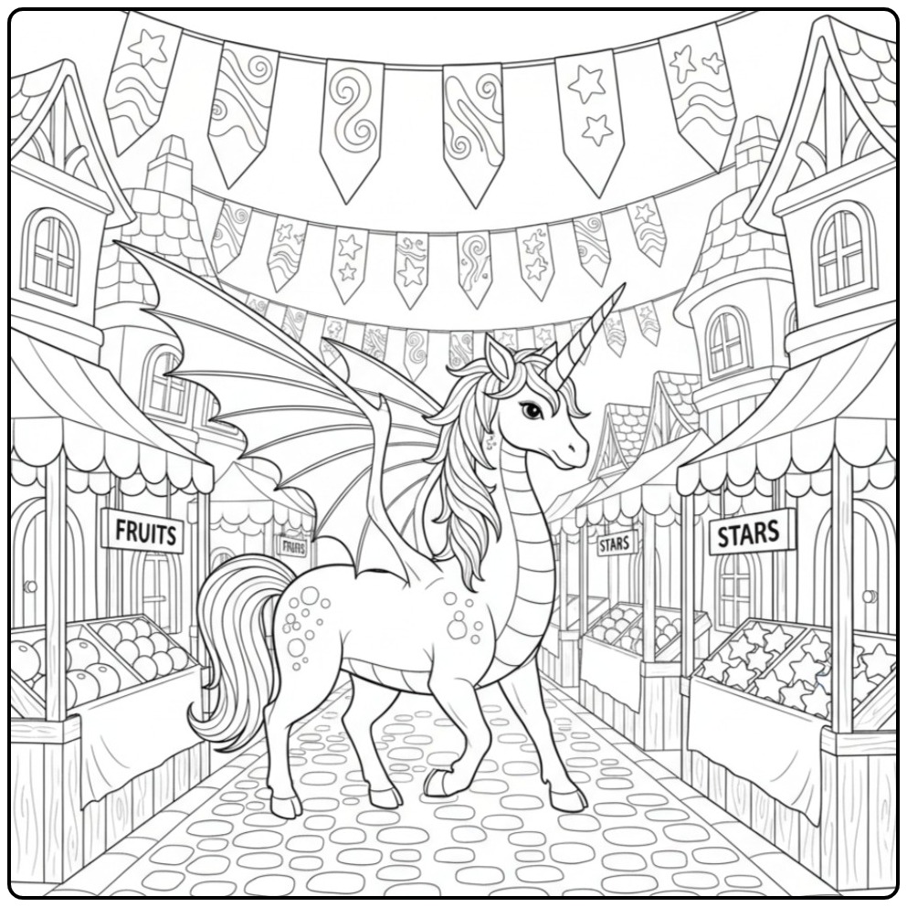 Un coloriage dragon licorne se baladant dans un marché festif.