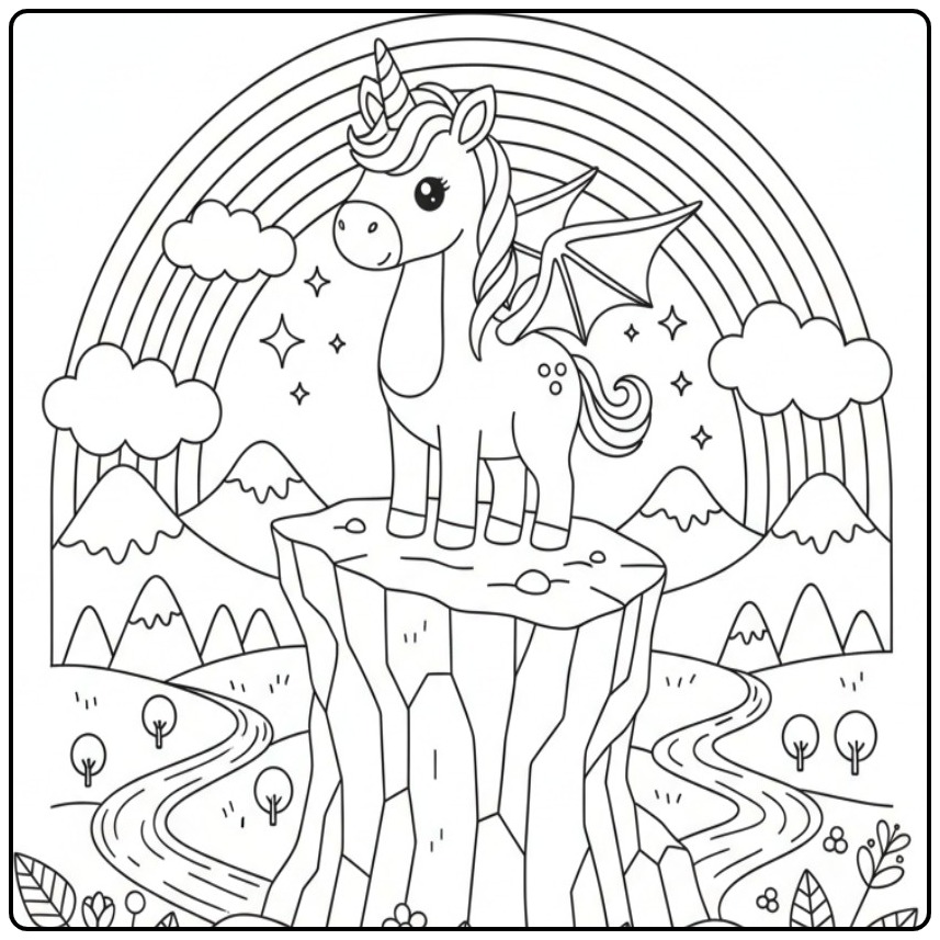 Joli Coloriage dragon licorne et arc-en-ciel à imprimer.