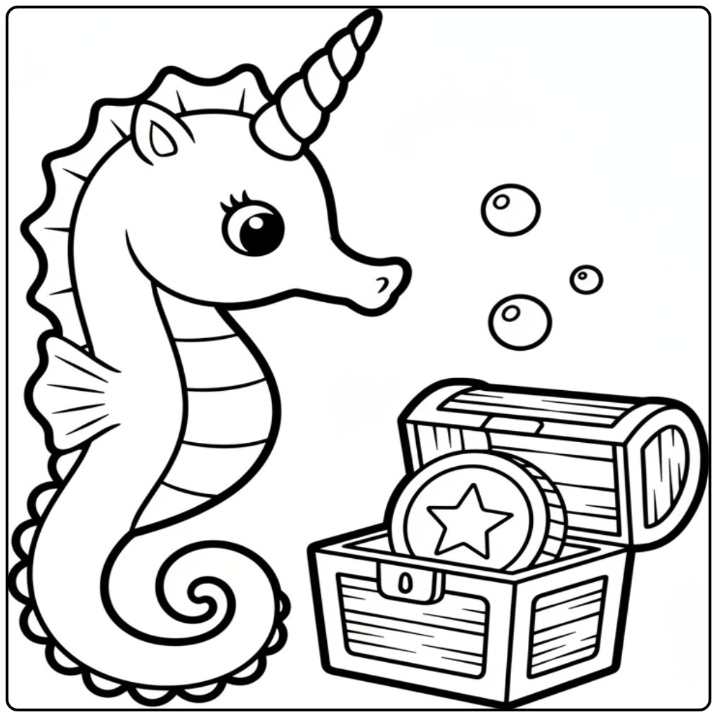 Un joli coloriage hippocampe licorne et son coffre au trésor.