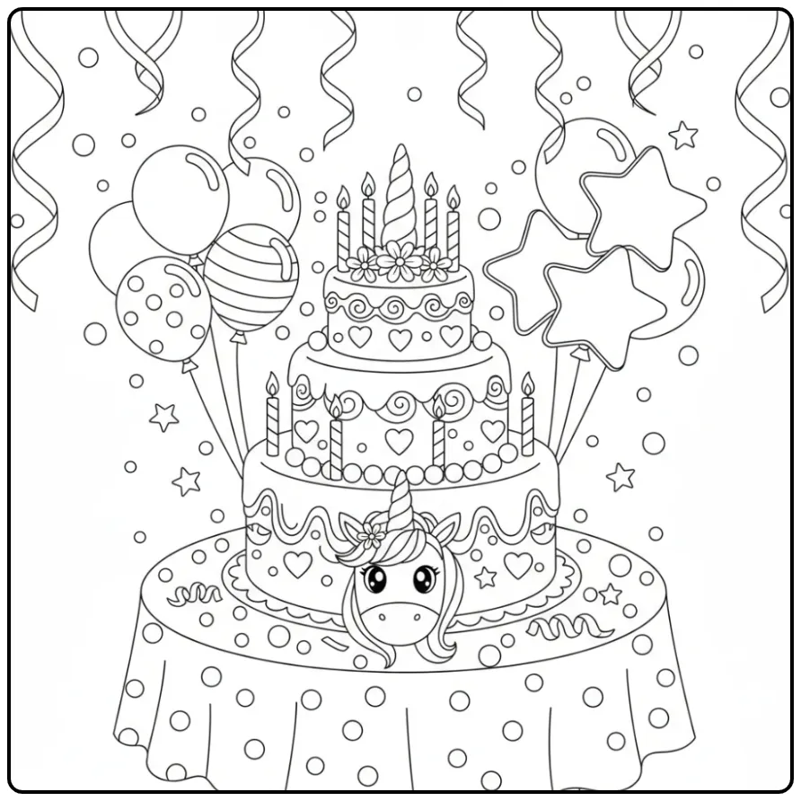 Un grand gâteau rond pour un Coloriage gateau anniversaire licorne.