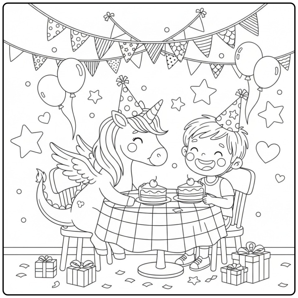 Un joyeux garçon à sa fête, Coloriage anniversaire dragon licorne.