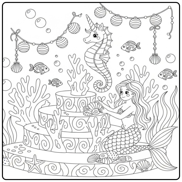 Adorable coloriage hippocampe licorne et sirène sous l'océan.