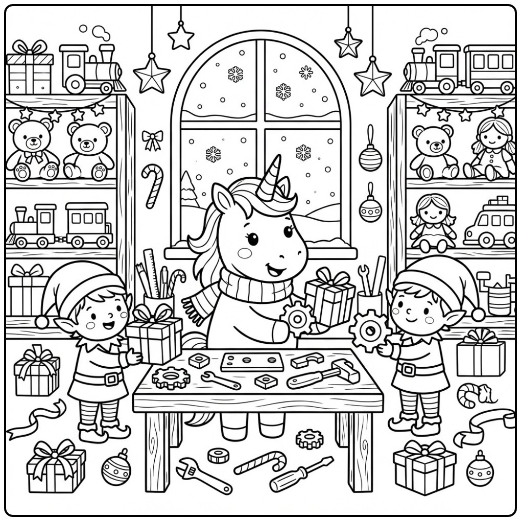 Adorable coloriage Licorne de Noël et Lutins de Noël bricolant.