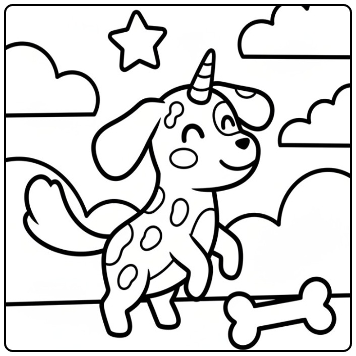 Un joyeux coloriage chien licorne avec une corne magique.