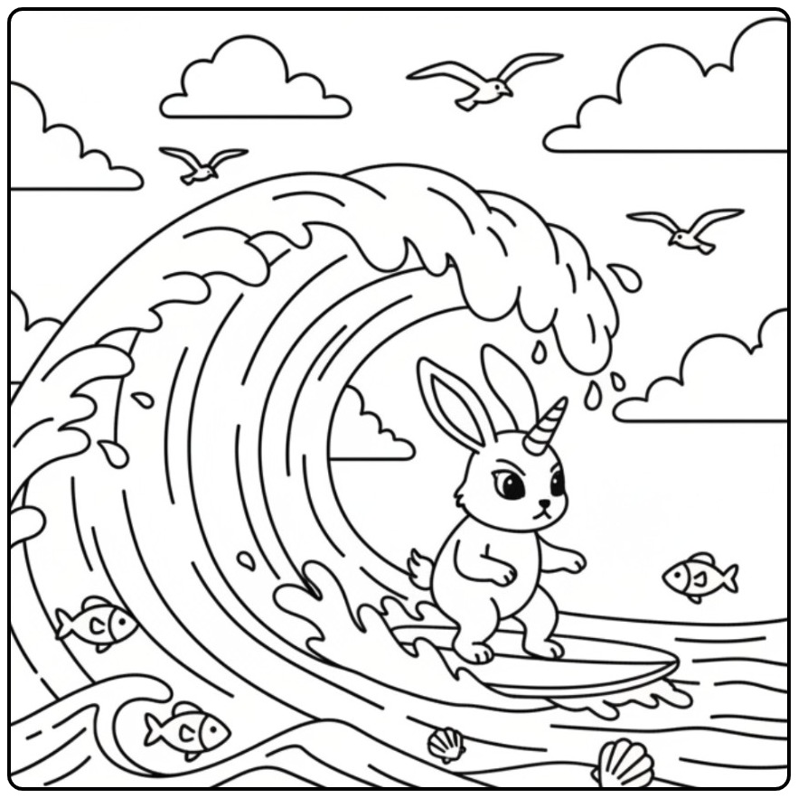 Un super coloriage lapin licorne surfant sur une grande vague.