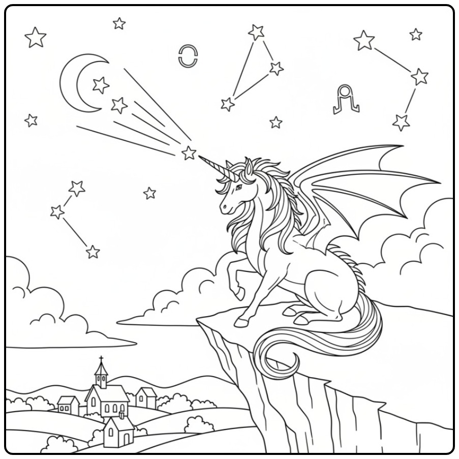 Majestueux coloriage dragon licorne assis sur une falaise.