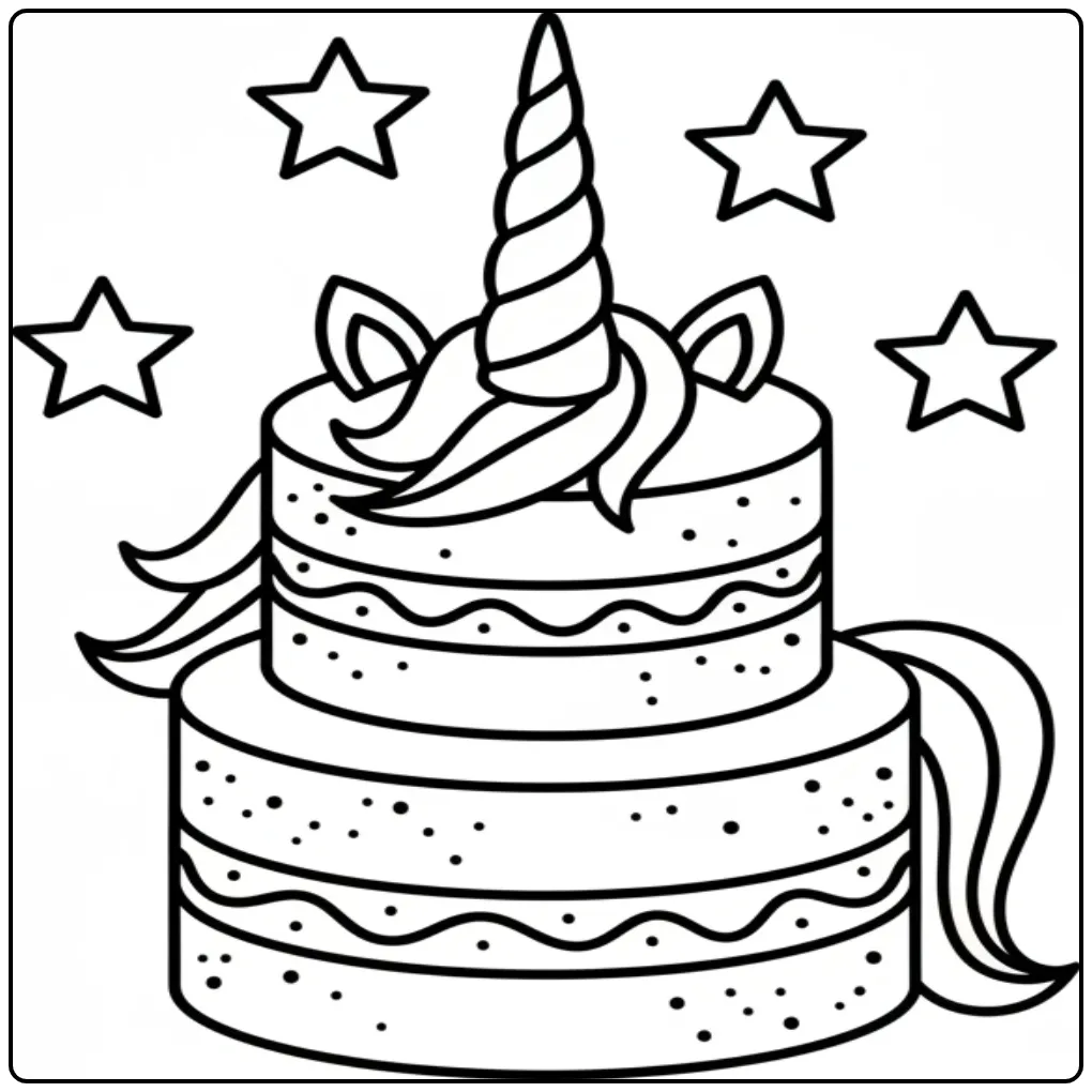 Un charmant dessin de coloriage gateau licorne avec étoiles.