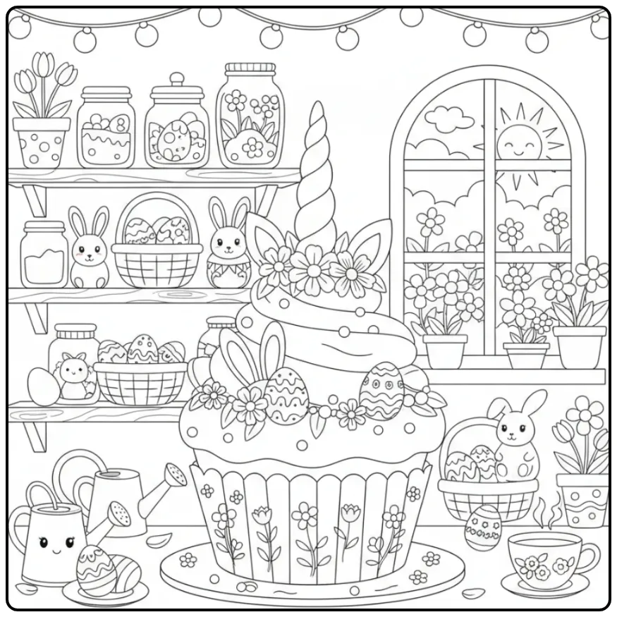 Adorable Coloriage gateau de Pâques licorne dans une cuisine.