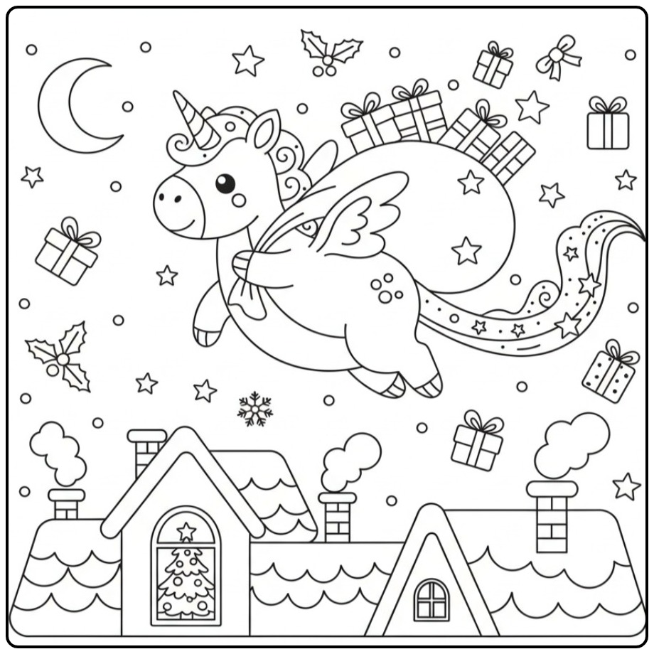 Joli Coloriage de Noël dragon licorne volant au-dessus des toits.