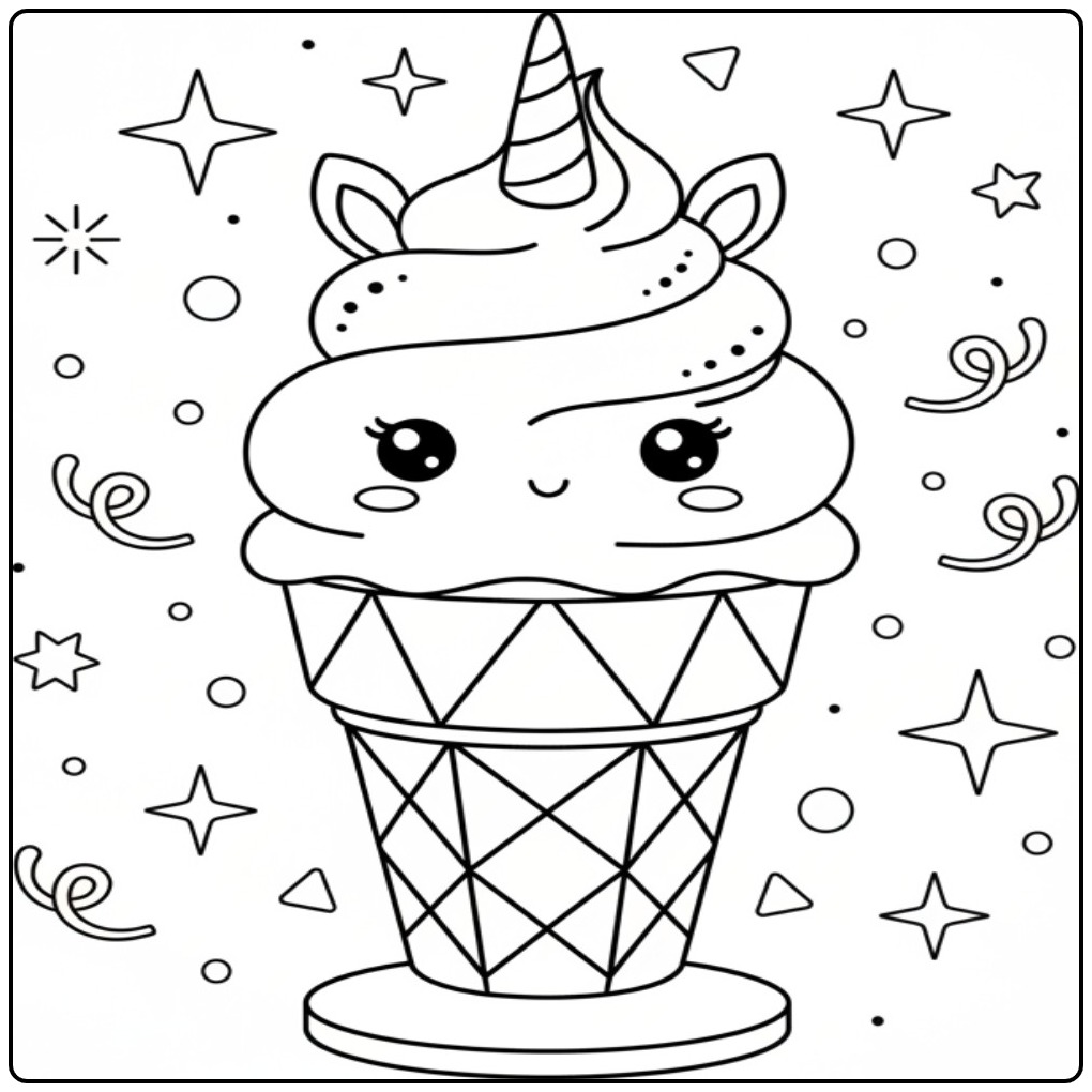 Jolie page de Coloriage glace licorne avec cornets spéciaux.