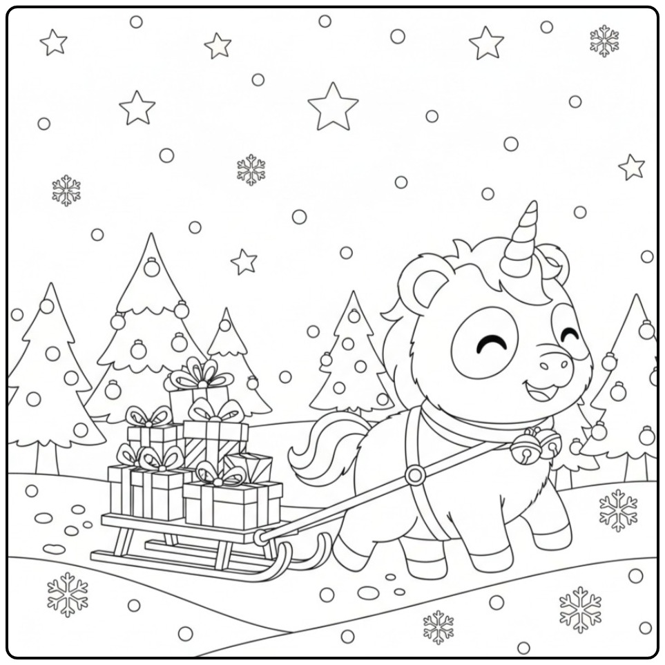 Joli Coloriage de Noël panda licorne tirant un traîneau.