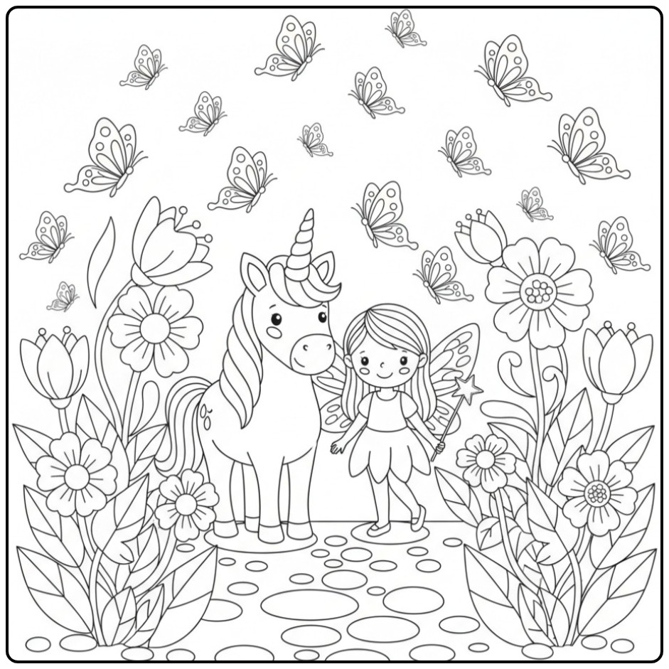 Une fée et son ami dans ce Coloriage Licorne et Jardin Fleuri.