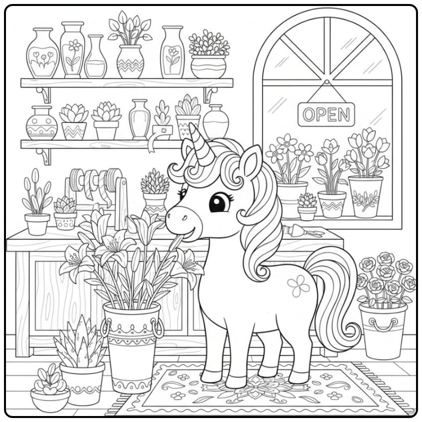 Coloriage licorne et lys dans une adorable boutique de fleurs.