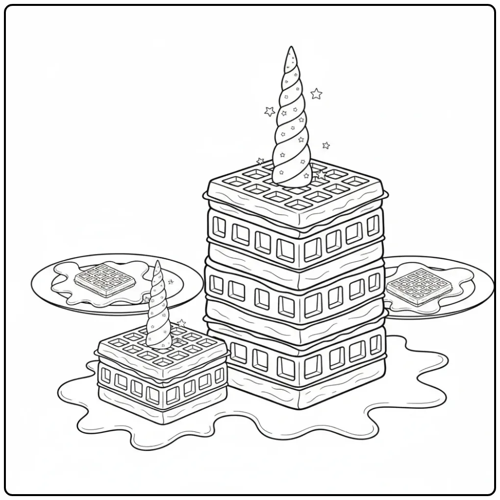 Scène de brunch magique et son coloriage gateau licorne.