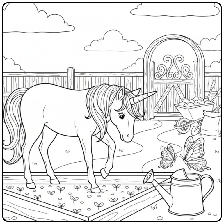 Un magique coloriage licorne papillon dans un jardin potager.