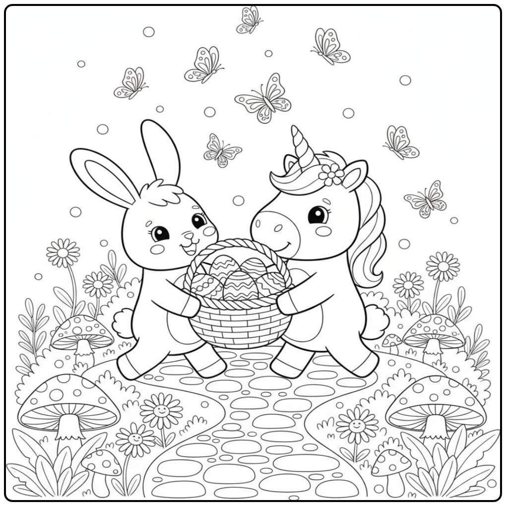 Lapin et ami sur ce Coloriage de Pâques licorne papillon.