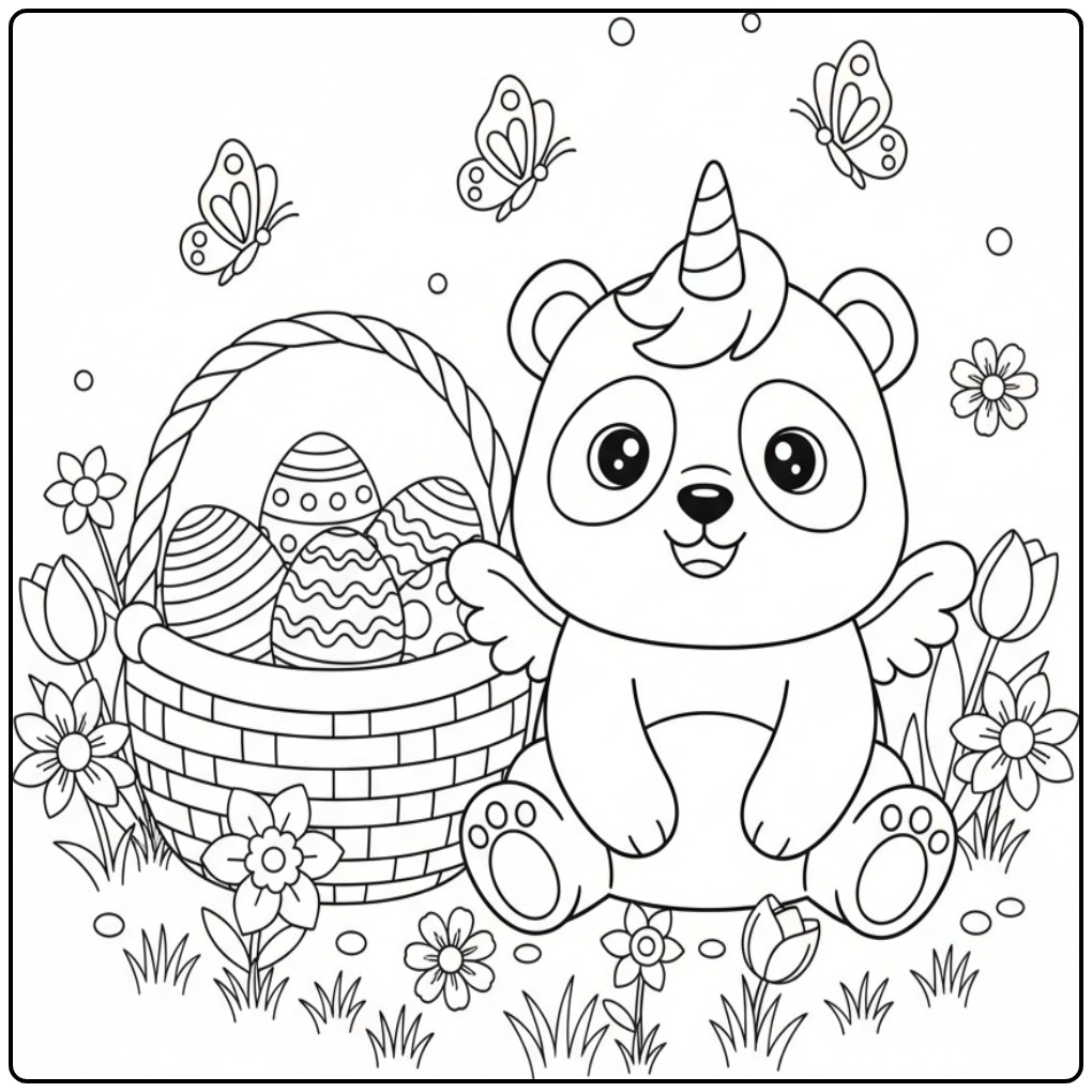 Un adorable Coloriage de Pâques panda licorne et son panier.