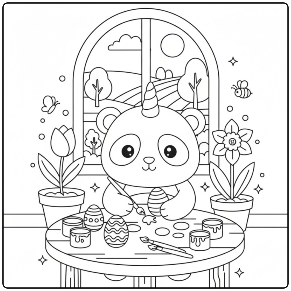 Un adorable Coloriage de Pâques panda licorne décore ses œufs.
