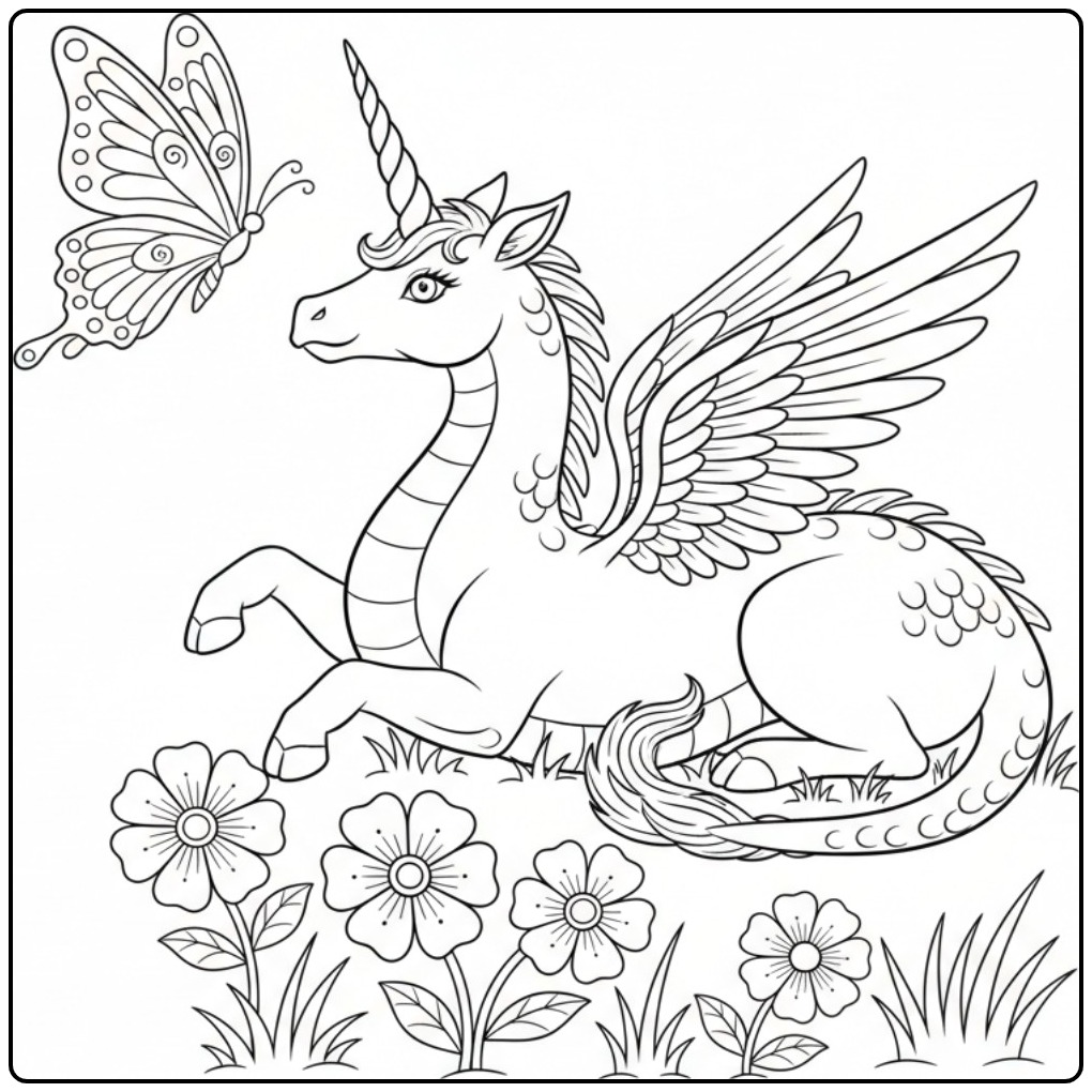 Dessin simple pour coloriage dragon licorne avec un papillon.