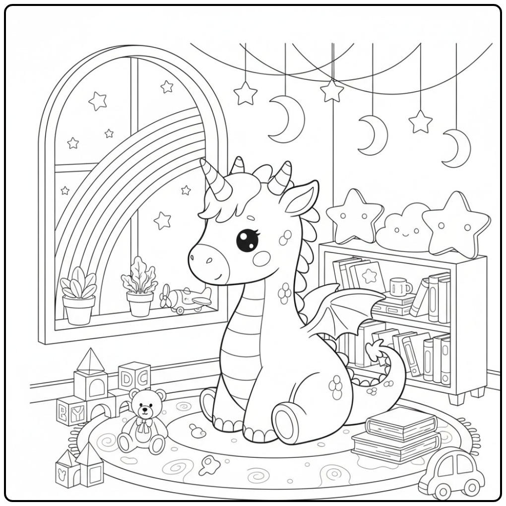 Adorable Coloriage dragon licorne et arc-en-ciel dans sa chambre.