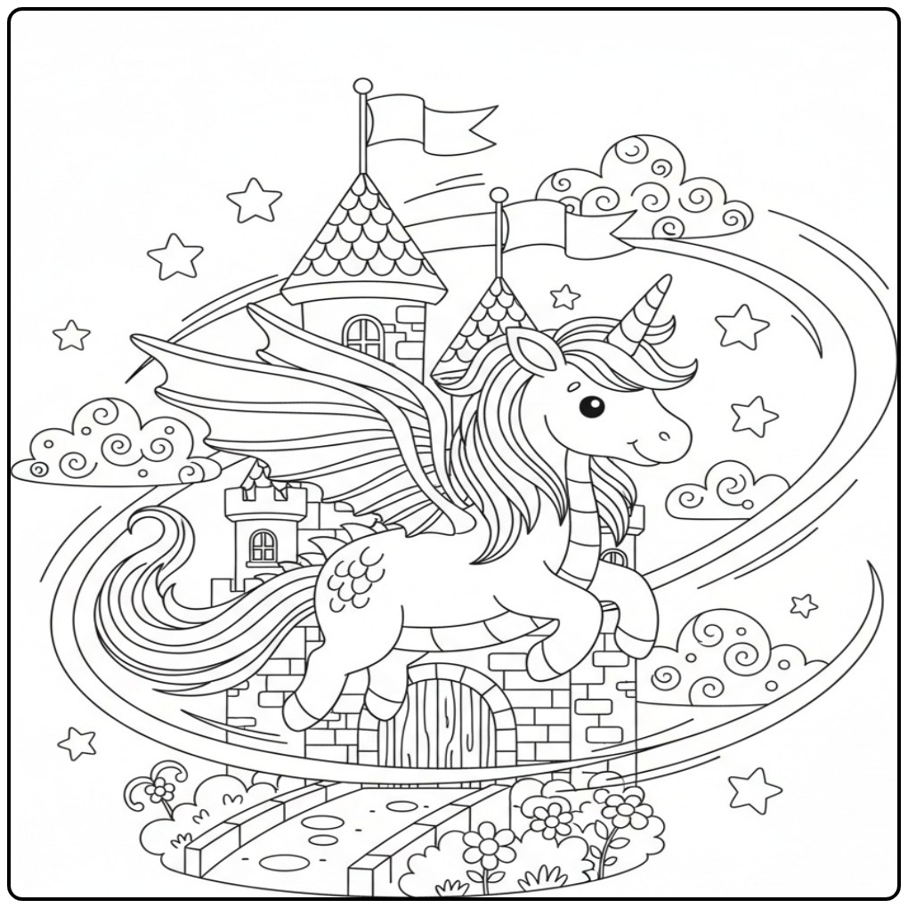 Coloriage dragon licorne et château volant dans un ciel étoilé.