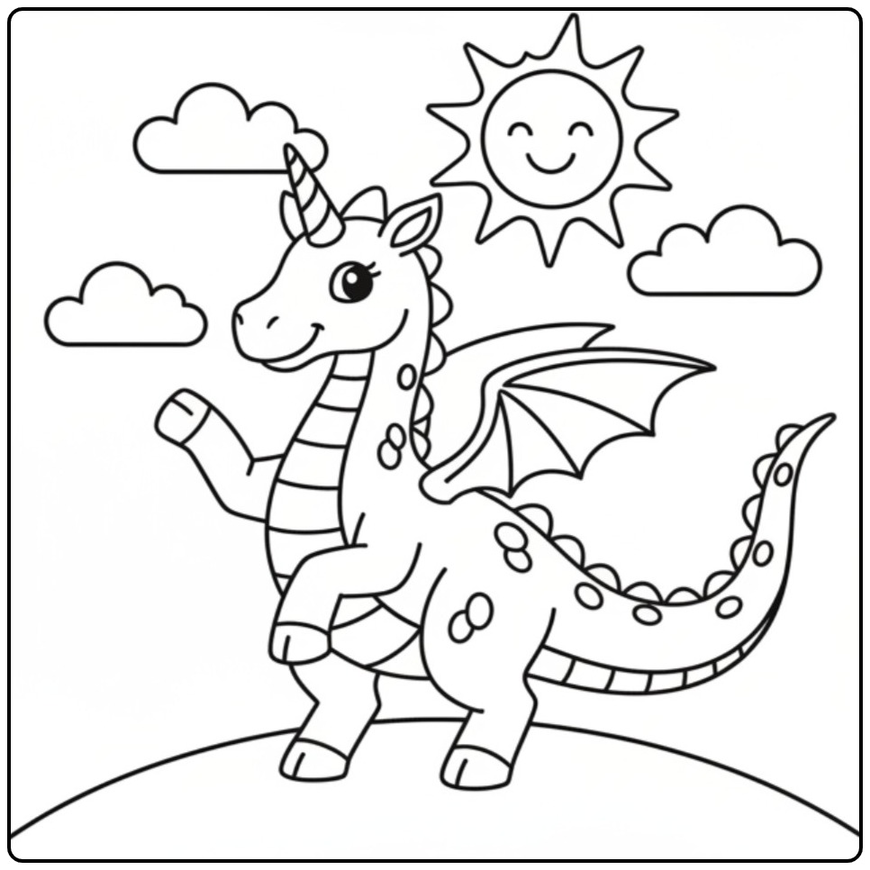 Un adorable dessin à imprimer pour un coloriage dragon licorne.