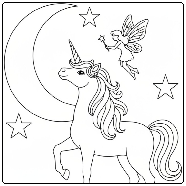 Un magique coloriage fée licorne avec la lune et les étoiles.