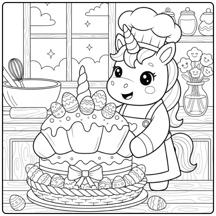Un adorable Coloriage gateau de Pâques licorne fait maison.