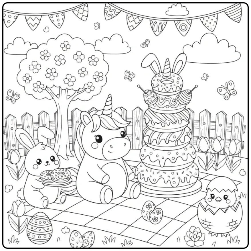 Un joyeux pique-nique à imprimer. Coloriage gateau de Pâques licorne.