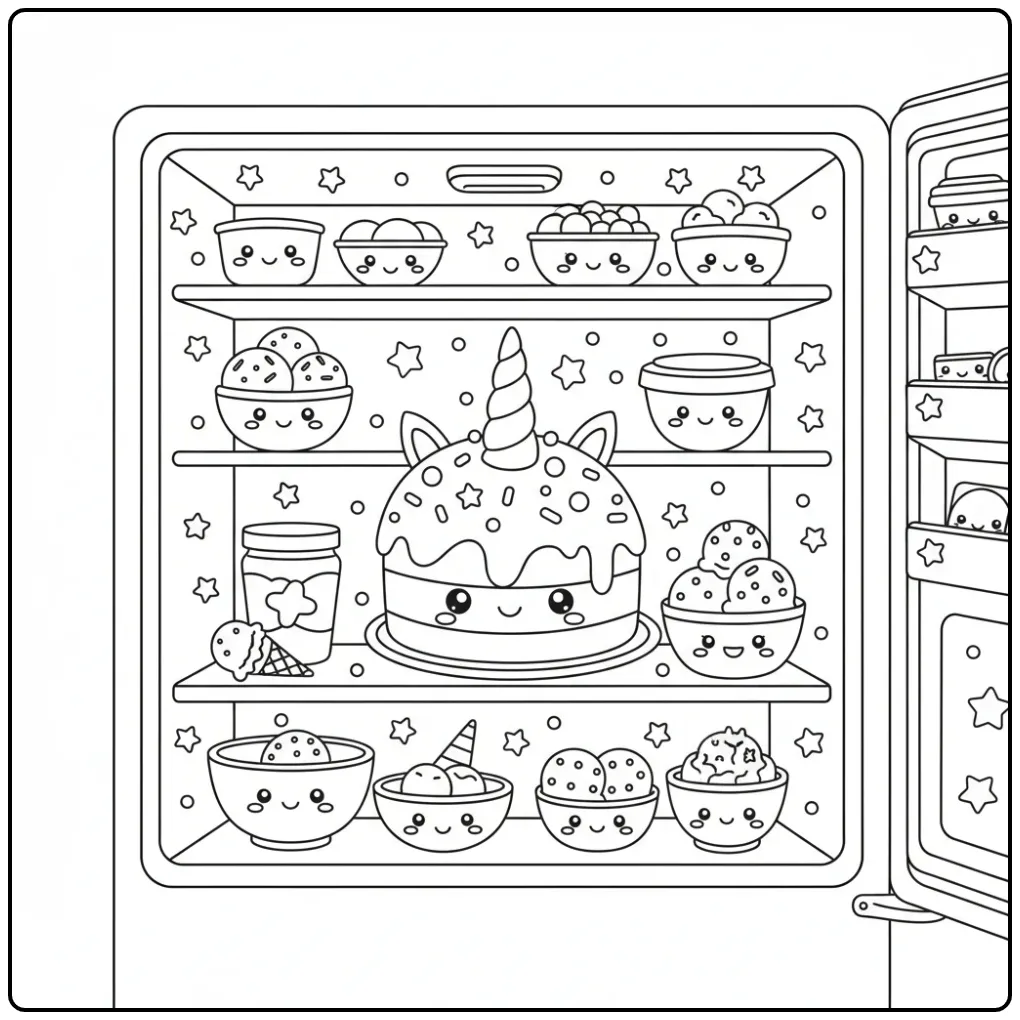 Un mignon Coloriage gateau glace à la licorne dans un freezer.