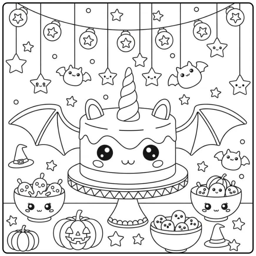 Un mignon Coloriage gateau Halloween licorne en forme de chauve-souris.