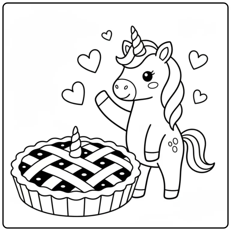 Une licorne mignonne salue à côté d'un coloriage gateau licorne.