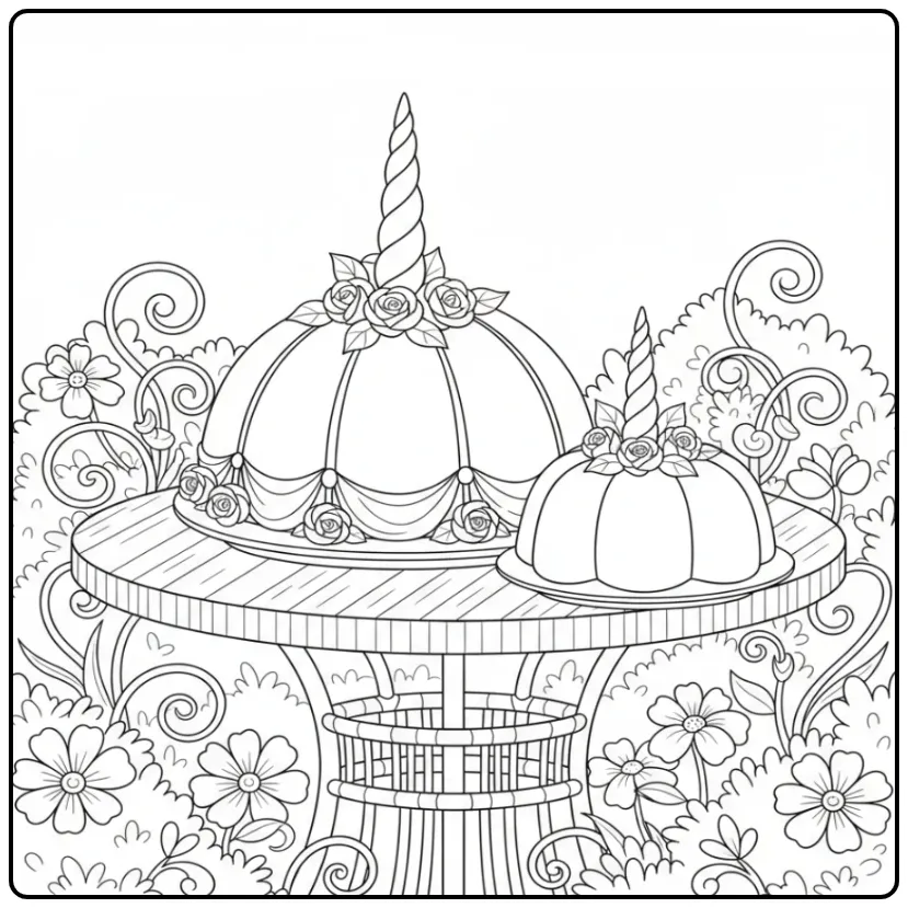 Dessin à imprimer pour un coloriage gateau licorne magique.