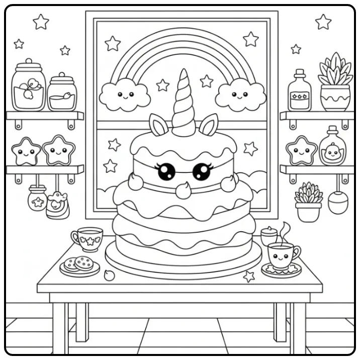 Scène de cuisine mignonne, Coloriage gateau licorne et arc-en-ciel.