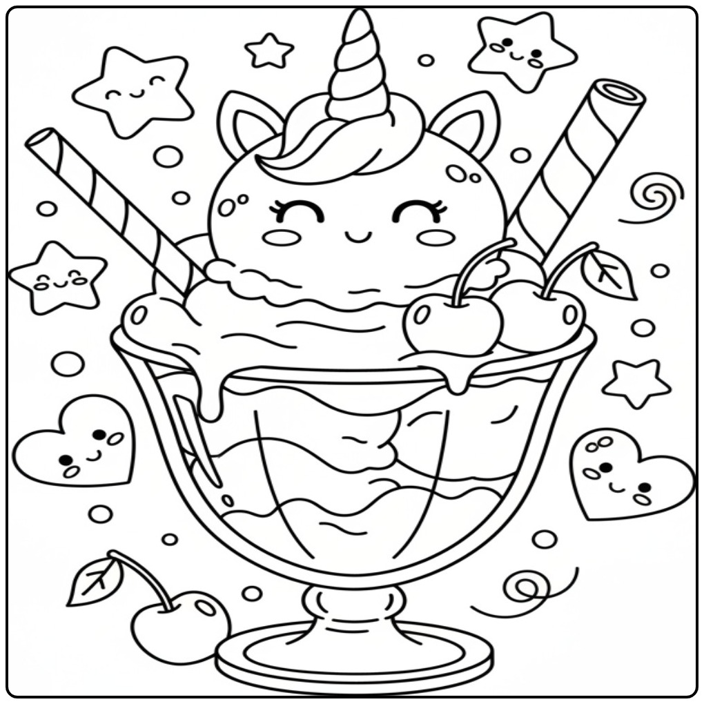 Un adorable Coloriage glace licorne sundae avec des étoiles.