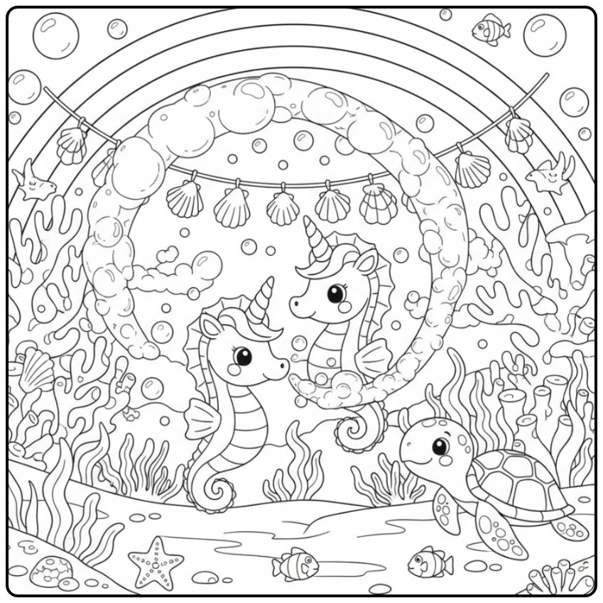 Coloriage hippocampe licorne arc-en-ciel et ses amis marins.