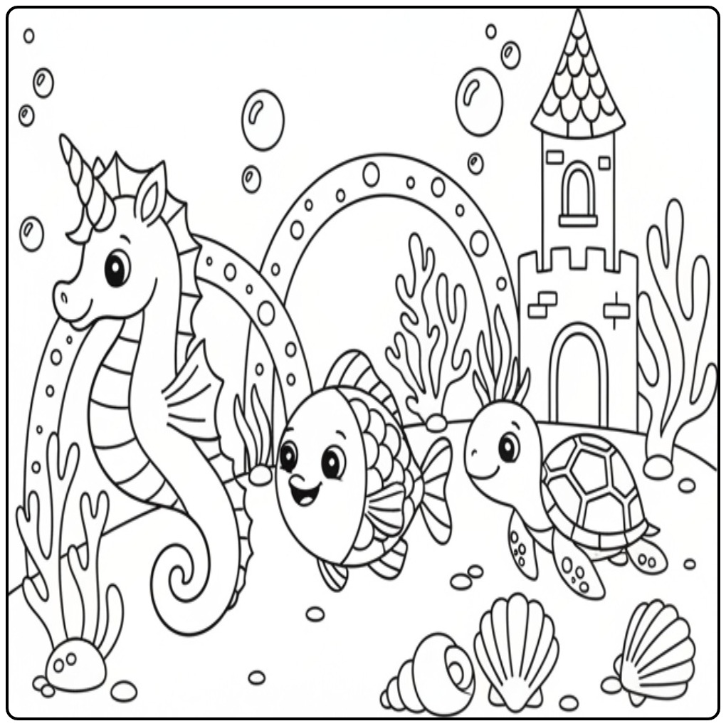 Un mignon coloriage hippocampe licorne avec ses amis marins.