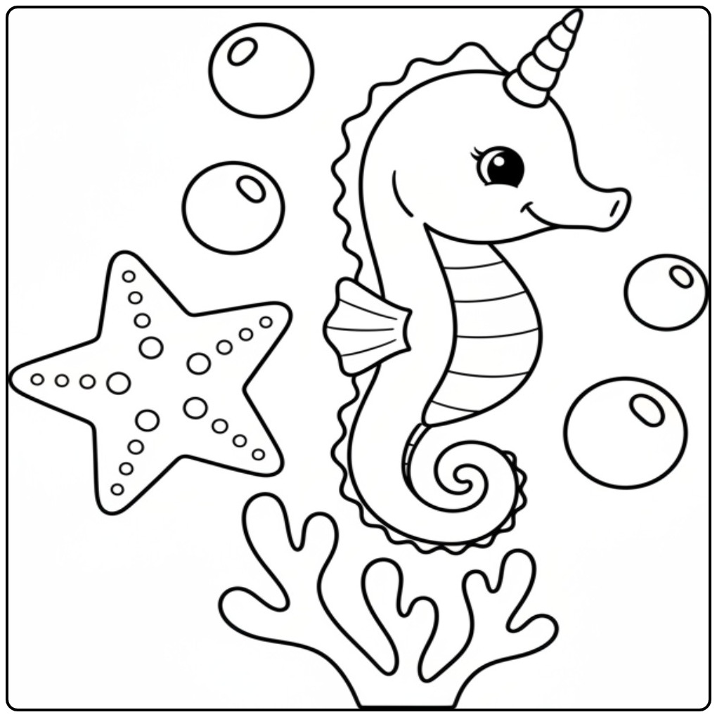 Dessin simple avec un coloriage hippocampe licorne et étoile.